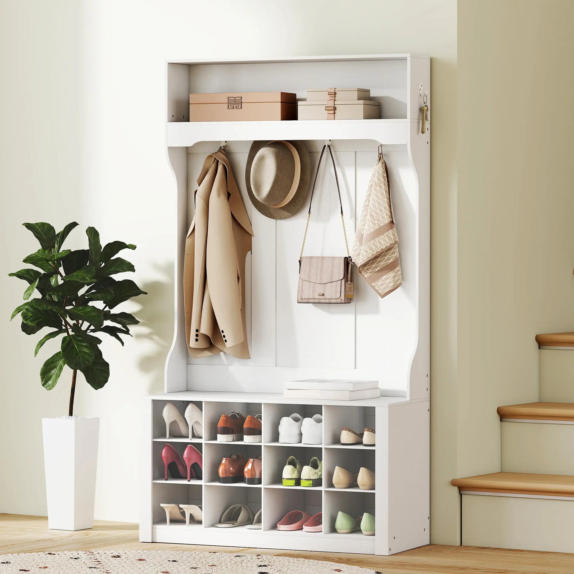 4-In-1 Hall Tree with Bench, Shoe Storage, 12 Cubbies, 6 Hooks, White Clothing Storage at Gallery Canada