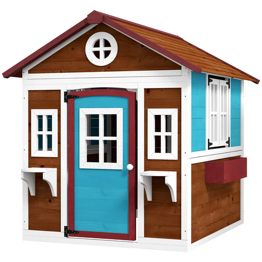 Wooden Playhouse for Kids Outdoor with Door, Windows, Planter Pots and Boxes for Toddlers 3-8 Years, Beige Play Houses Beige, Green, Red at Gallery Canada