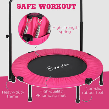 40" Foldable Mini Fitness Trampoline, Adjustable Foam Handle, Pink