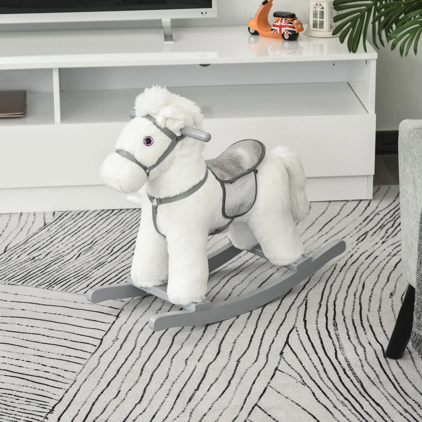 Kids Plush Ride-On Rocking Horse, Soft Bear Toy, Realistic Sounds, White Rocking Horses at Gallery Canada