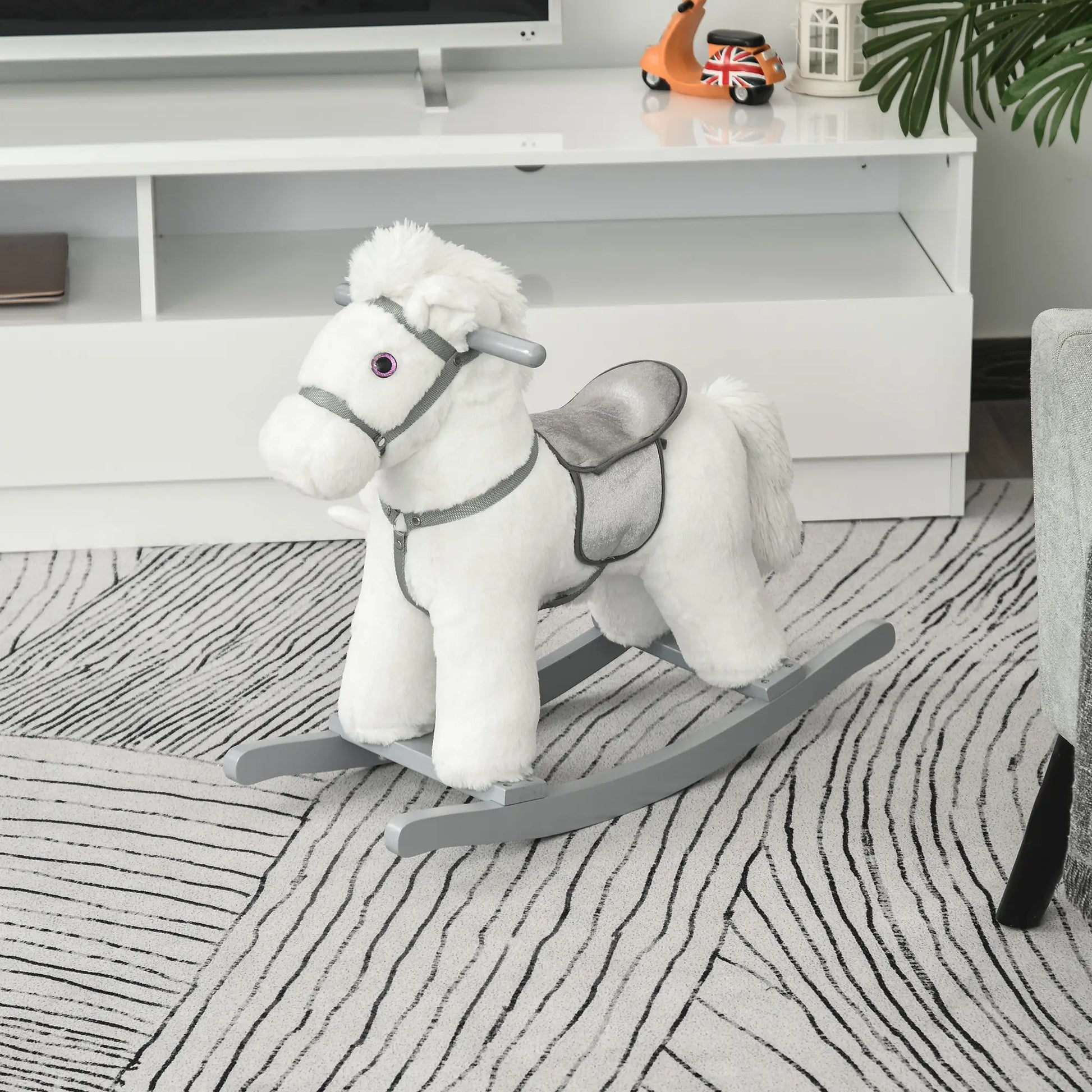 Kids Plush Ride-On Rocking Horse, Soft Bear Toy, Realistic Sounds, White Rocking Horses at Gallery Canada