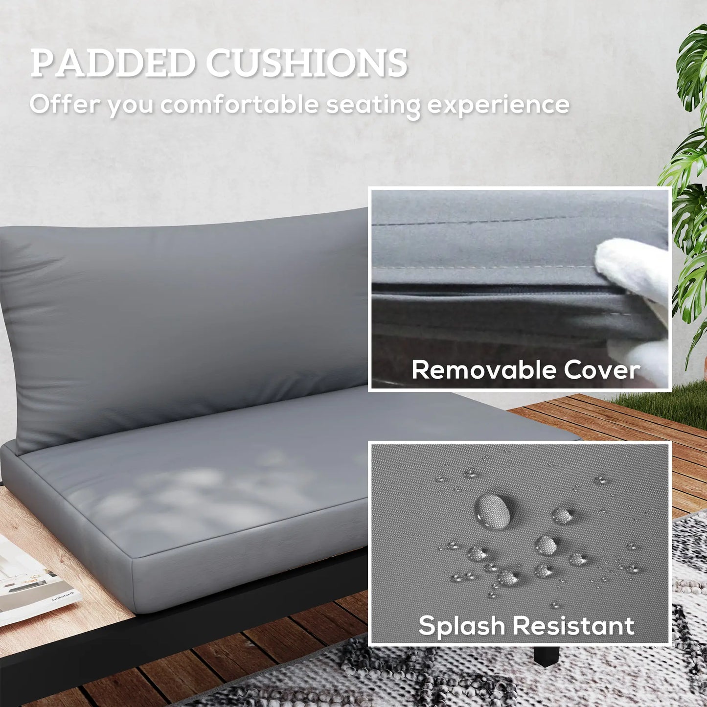 2 Seater Patio Sofa, Outdoor Couch with Wood Tray, Cushions, Grey Patio Chairs at Gallery Canada