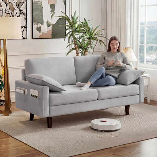 3 Seater Velvet Sofa, Spring Cushions, Rubber Wood Legs, Grey