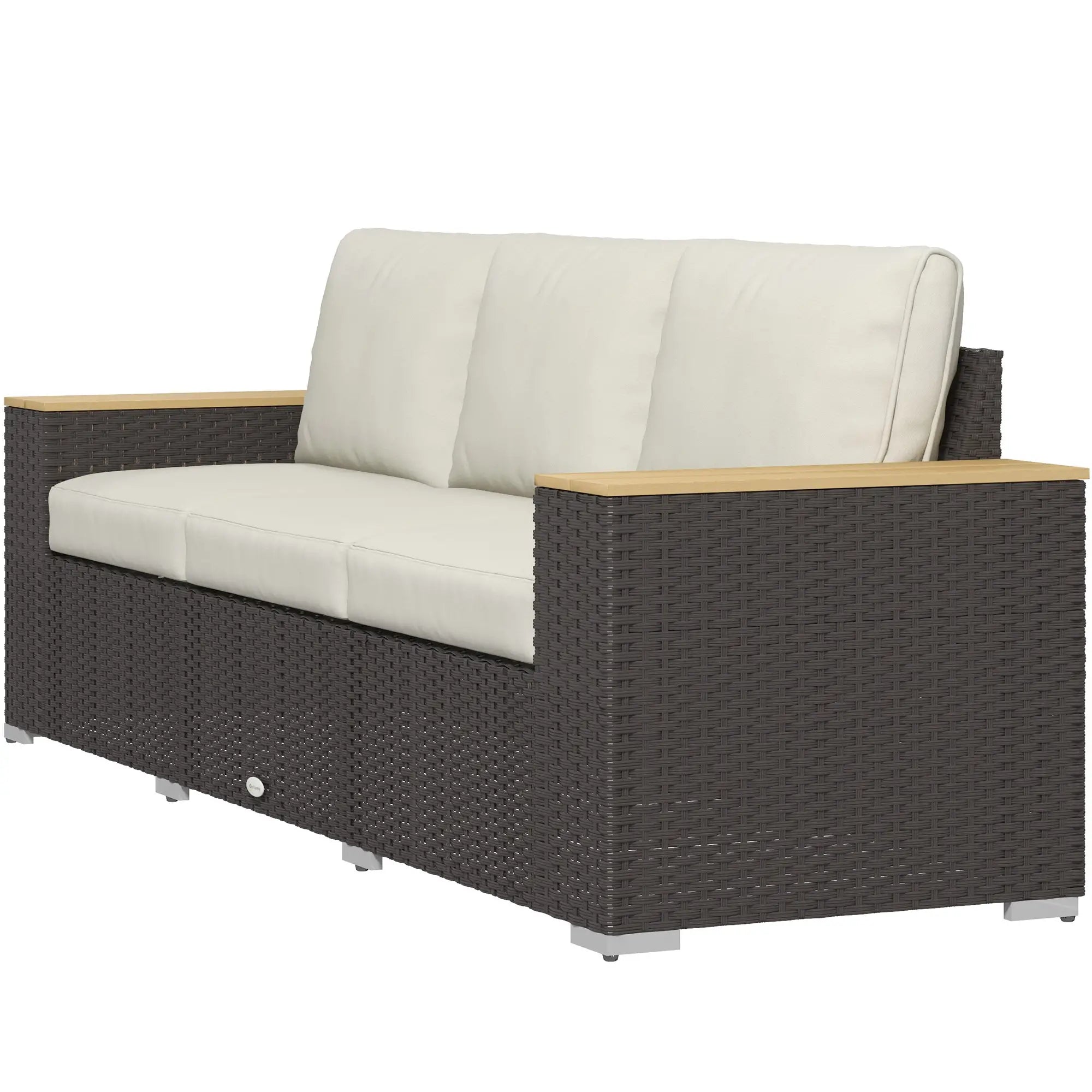 3-Seat Outdoor Couch with Cushions, PE Rattan, Wood Grain Armrests, Cream White Patio Furniture Sets Brown, Cream White at Gallery Canada