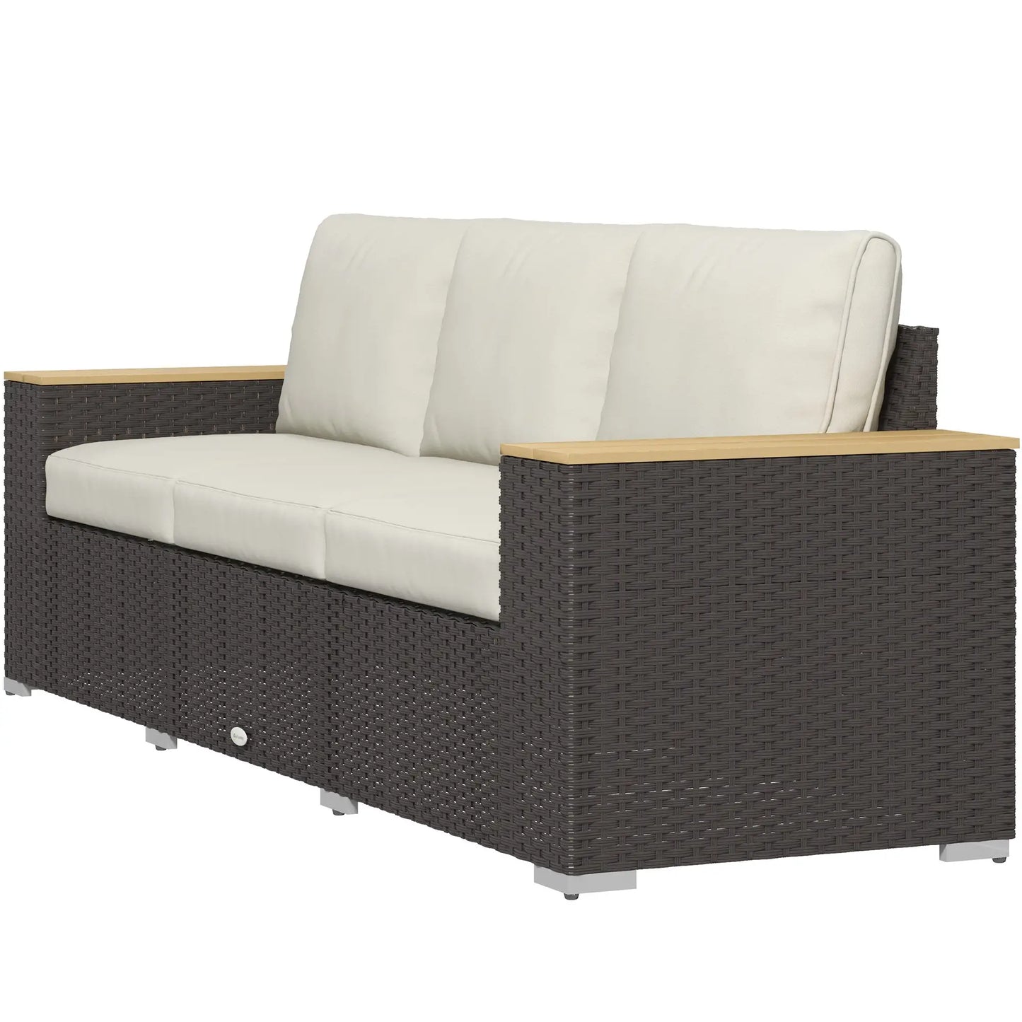3-Seat Outdoor Couch with Cushions, PE Rattan, Wood Grain Armrests, Cream White Patio Furniture Sets Brown, Cream White at Gallery Canada