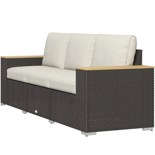 3-Seat Outdoor Couch with Cushions, PE Rattan, Wood Grain Armrests, Cream White Patio Furniture Sets Brown, Cream White at Gallery Canada