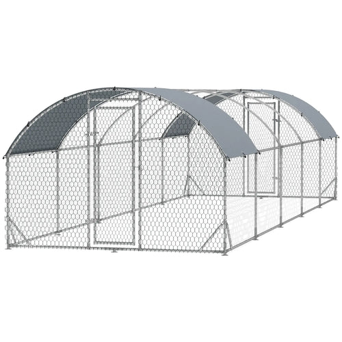 Galvanized Metal Chicken Coop Walk-in Enclosure, 9.2' × 31.2' × 6.4', Silver