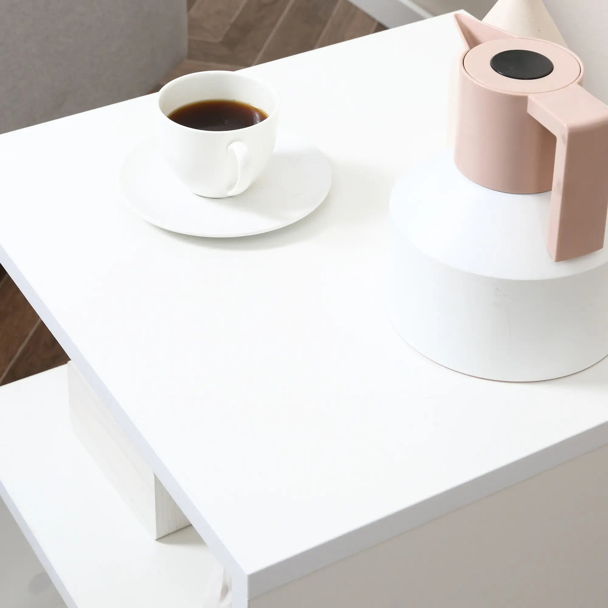 Wooden S Shape End Table, 3 Tier Storage Shelves, White Side Tables at Gallery Canada