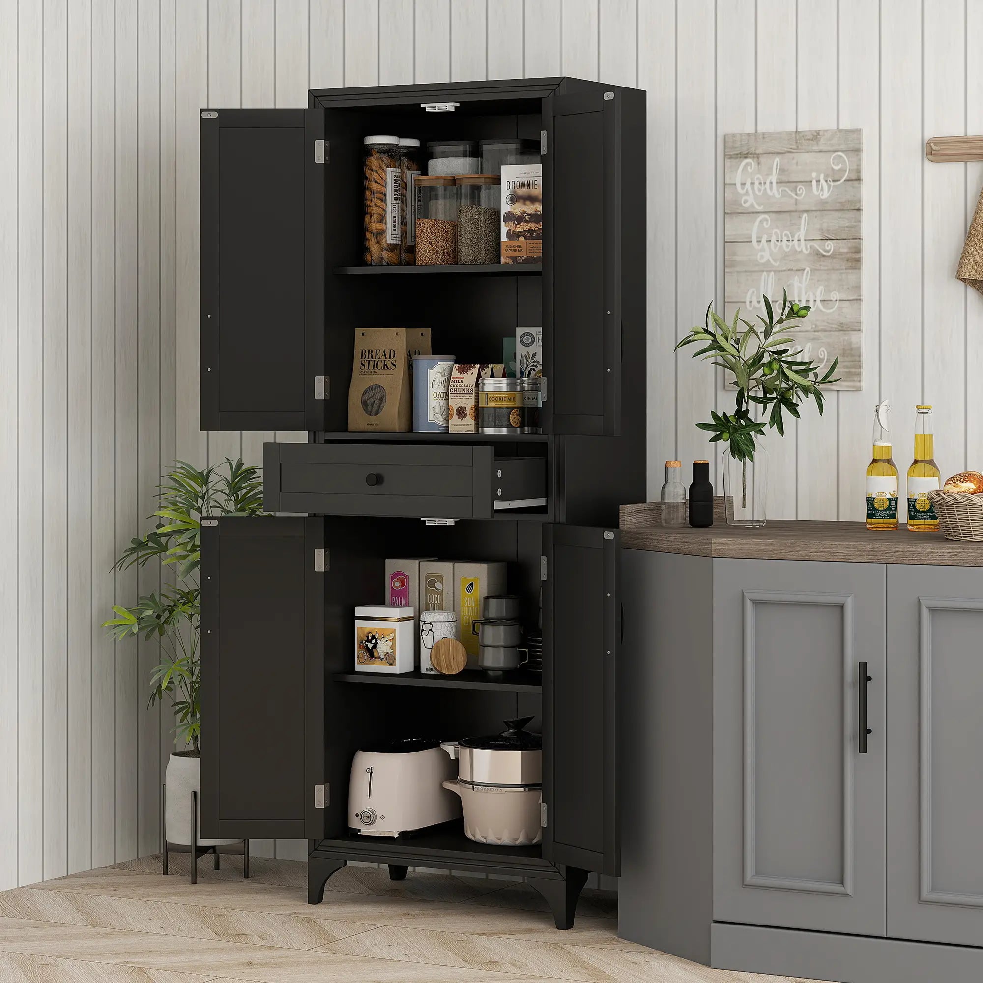 Freestanding Storage Cabinet, Kitchen Pantry, 2 Shelves, 4 Doors, Black Kitchen Pantry Cabinets at Gallery Canada