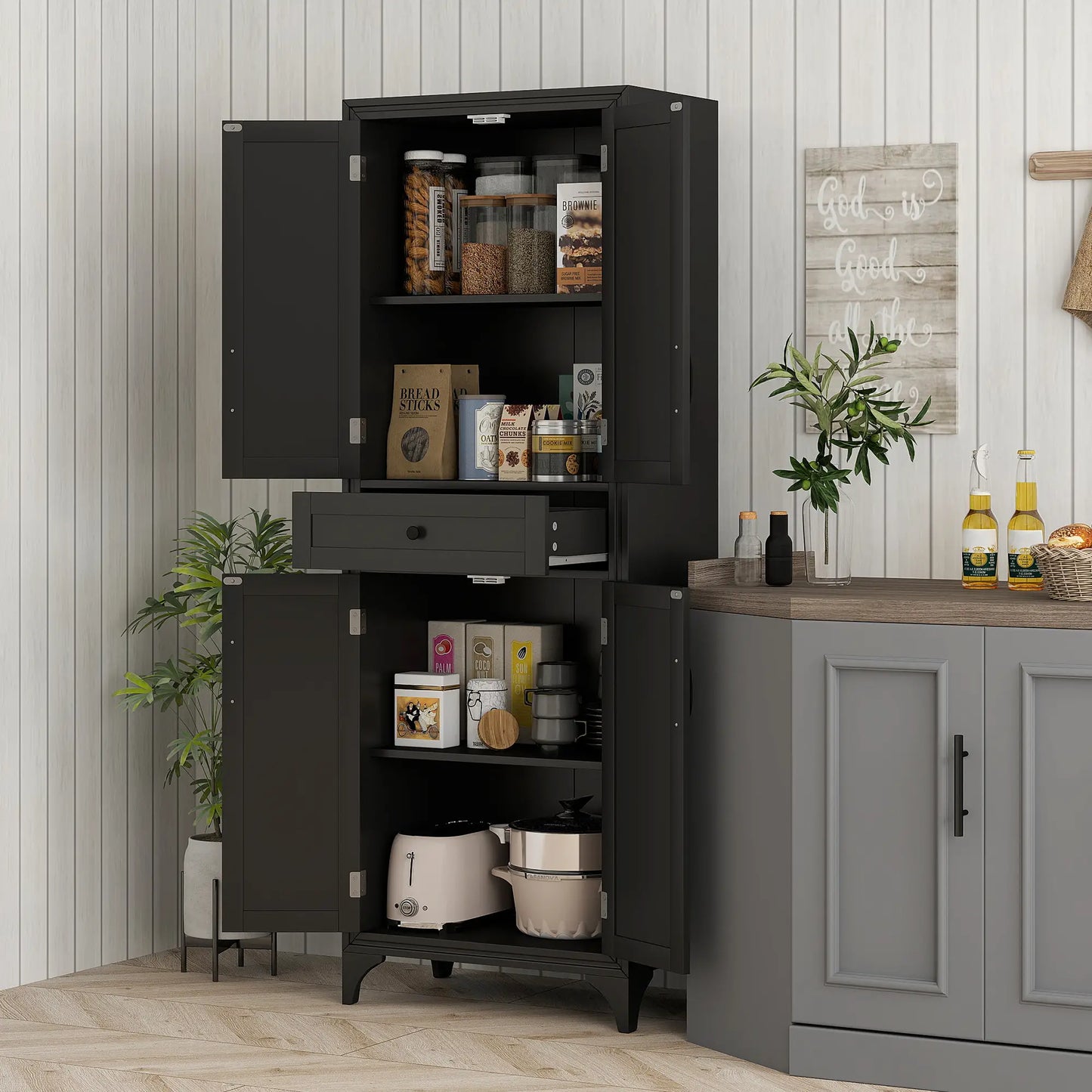 Freestanding Storage Cabinet, Kitchen Pantry, 2 Shelves, 4 Doors, Black Kitchen Pantry Cabinets at Gallery Canada