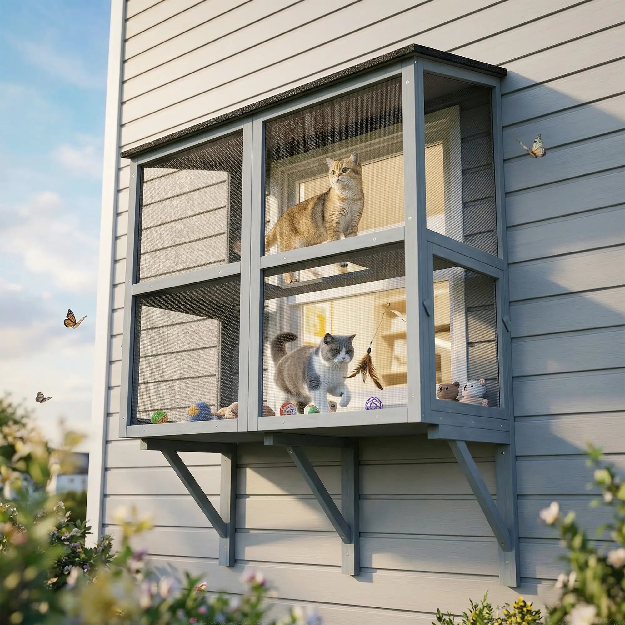 Outdoor Cat Enclosure, Wall-Mounted 2-Level, Waterproof Roof, 39.4