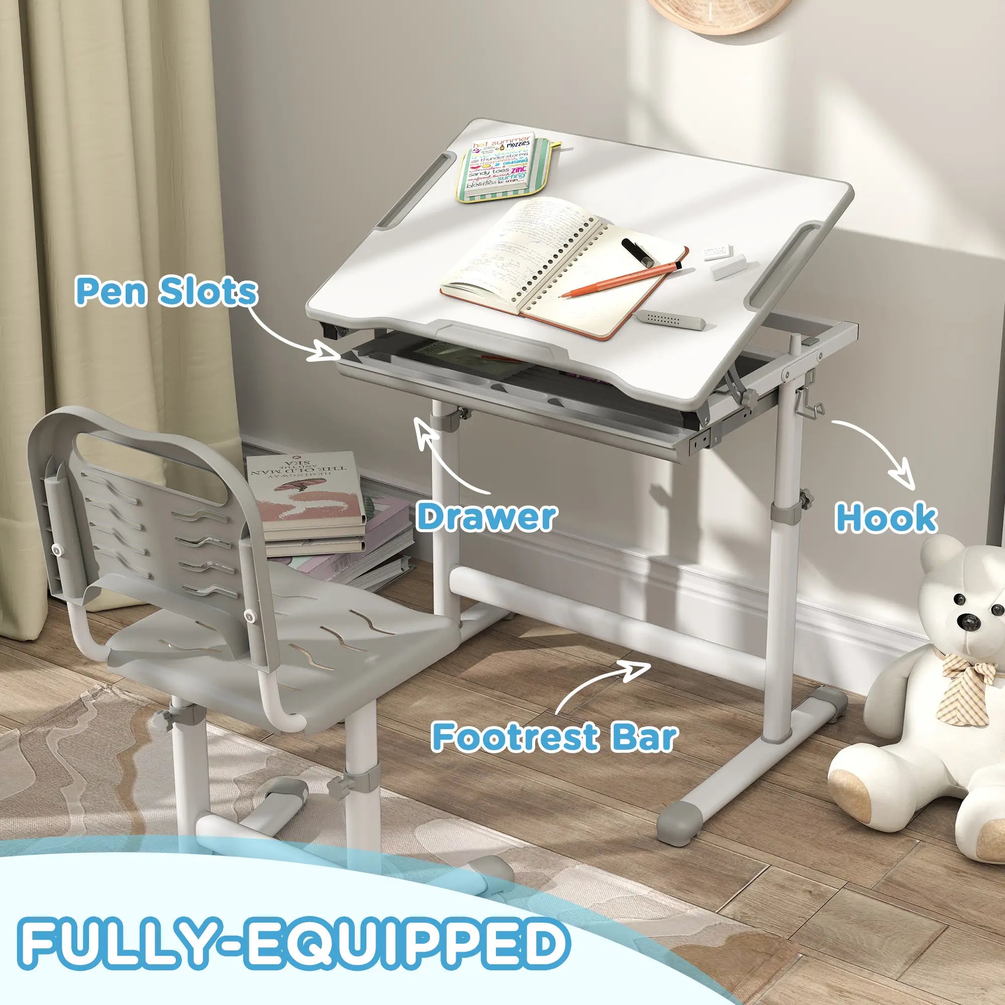 Adjustable Study Table and Chair Set, Drawer, Pen Slot, Grey Kids Desk Sets at Gallery Canada