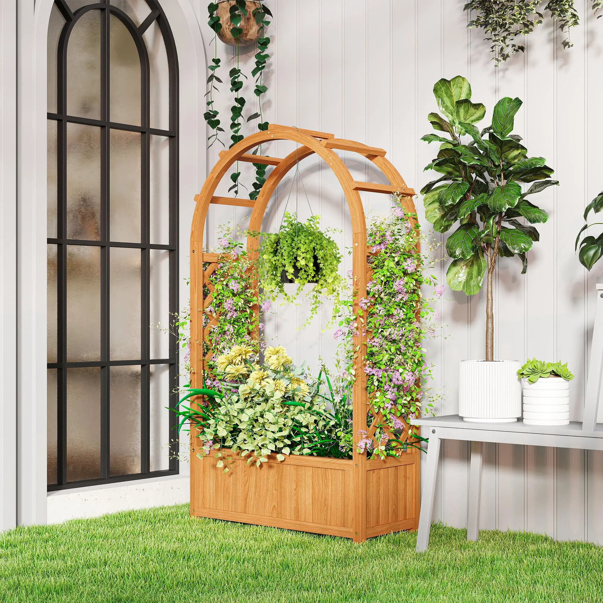 Wooden Raised Garden Bed With Arch Trellis, 33