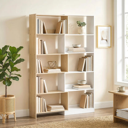 Corner Bookshelf, 5-Tier L-Shaped Bookcase with 350° Rotating Design, Two-Tone Design, Fruitwood/White Display Bookshelves at Gallery Canada