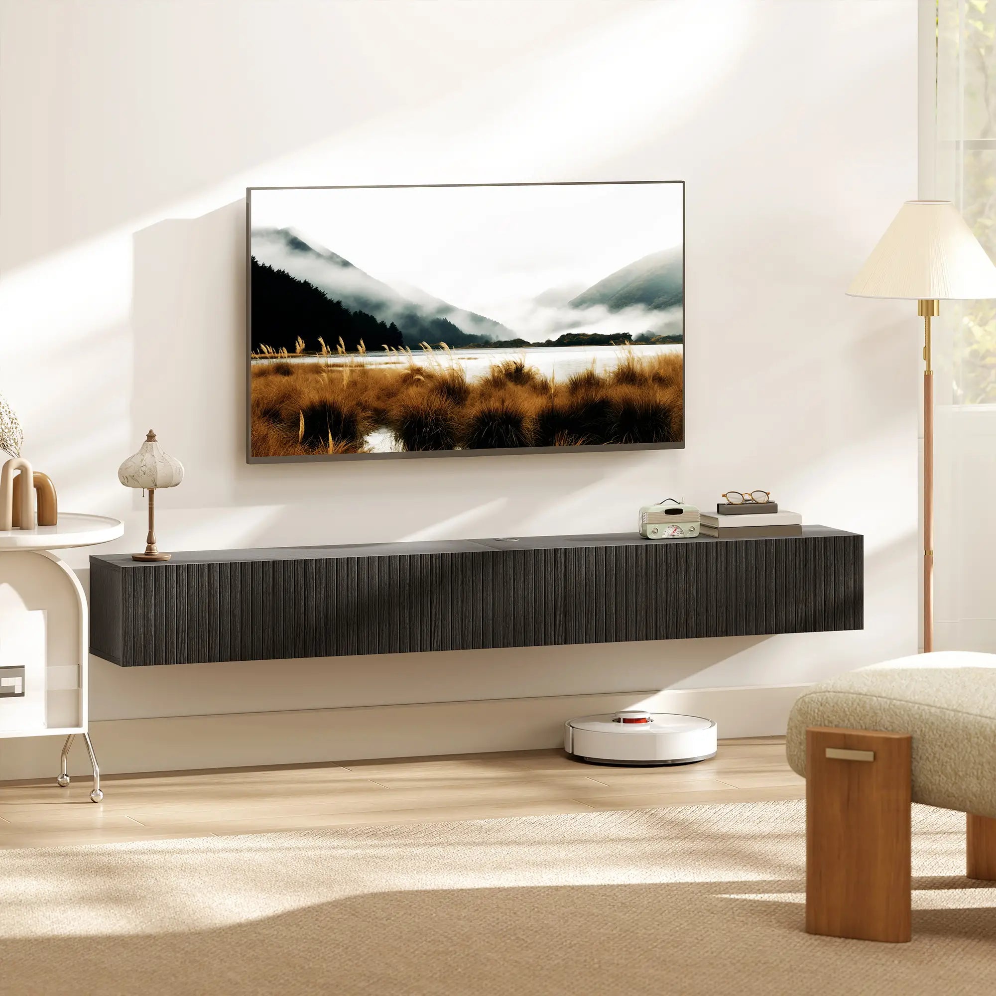 71 Inch Floating TV Stand, Wall Mount Media Console, 2 Fluted Doors, Black TV Stands at Gallery Canada