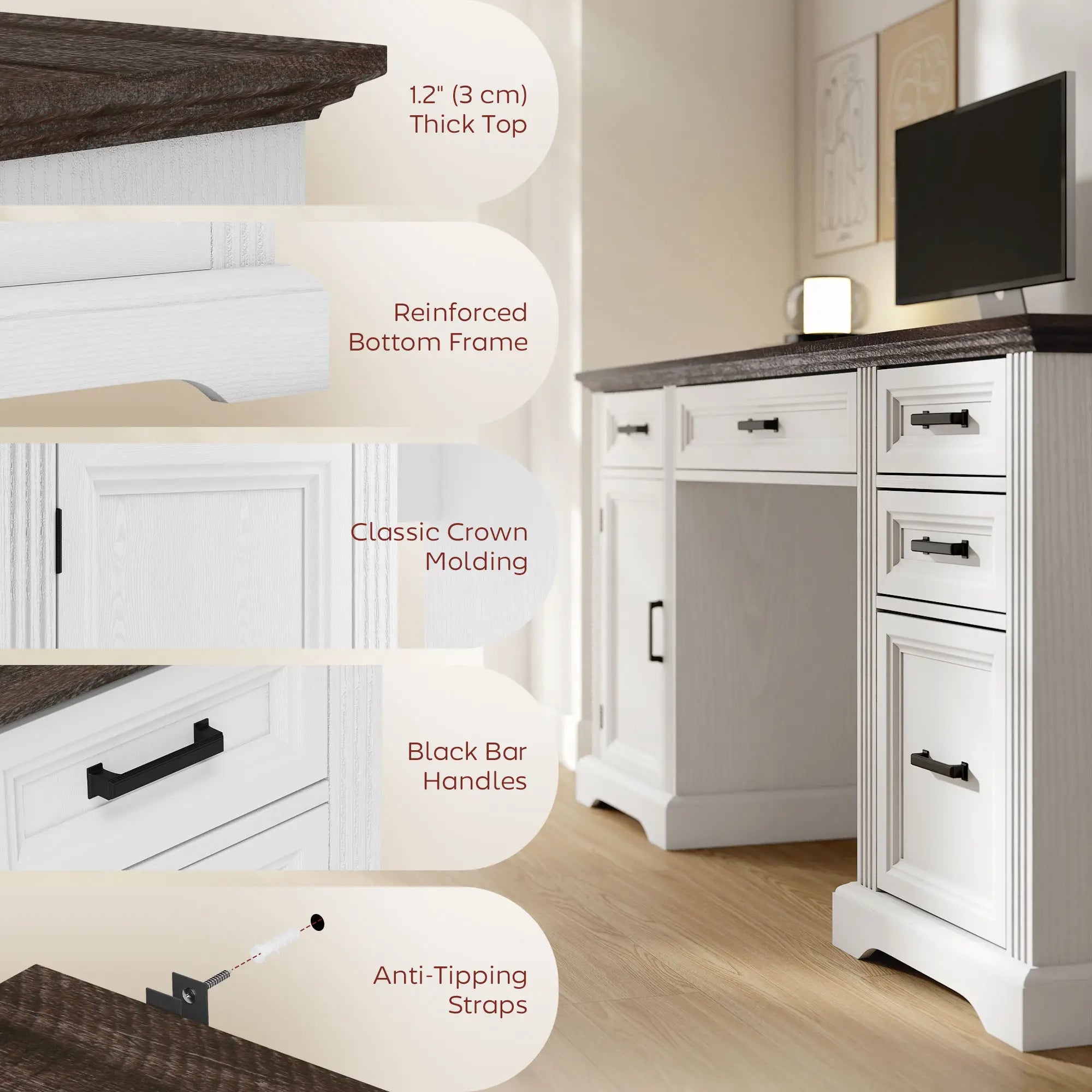 58 Inch Home Office Desk, Farmhouse Executive Desk with Drawers, White Computer Desks at Gallery Canada