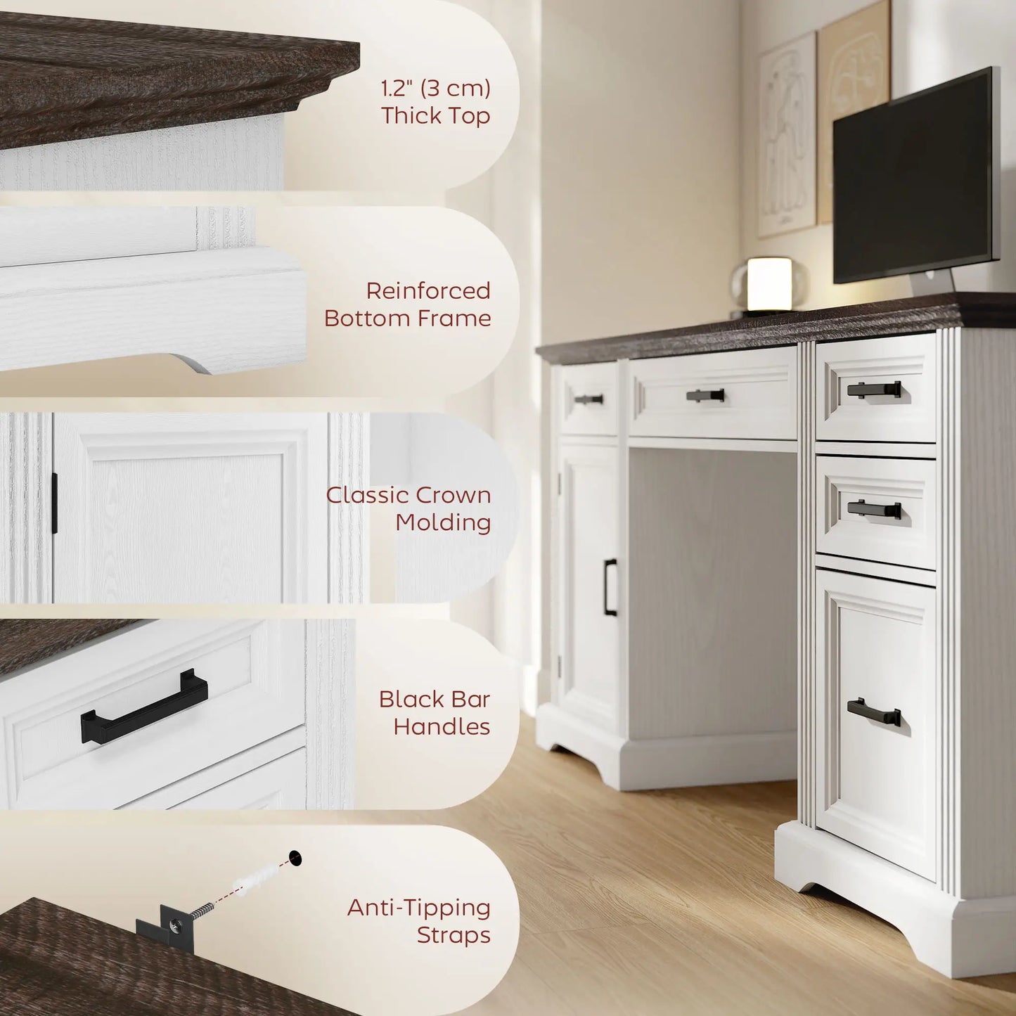 58 Inch Home Office Desk, Farmhouse Executive Desk with Drawers, White Computer Desks at Gallery Canada