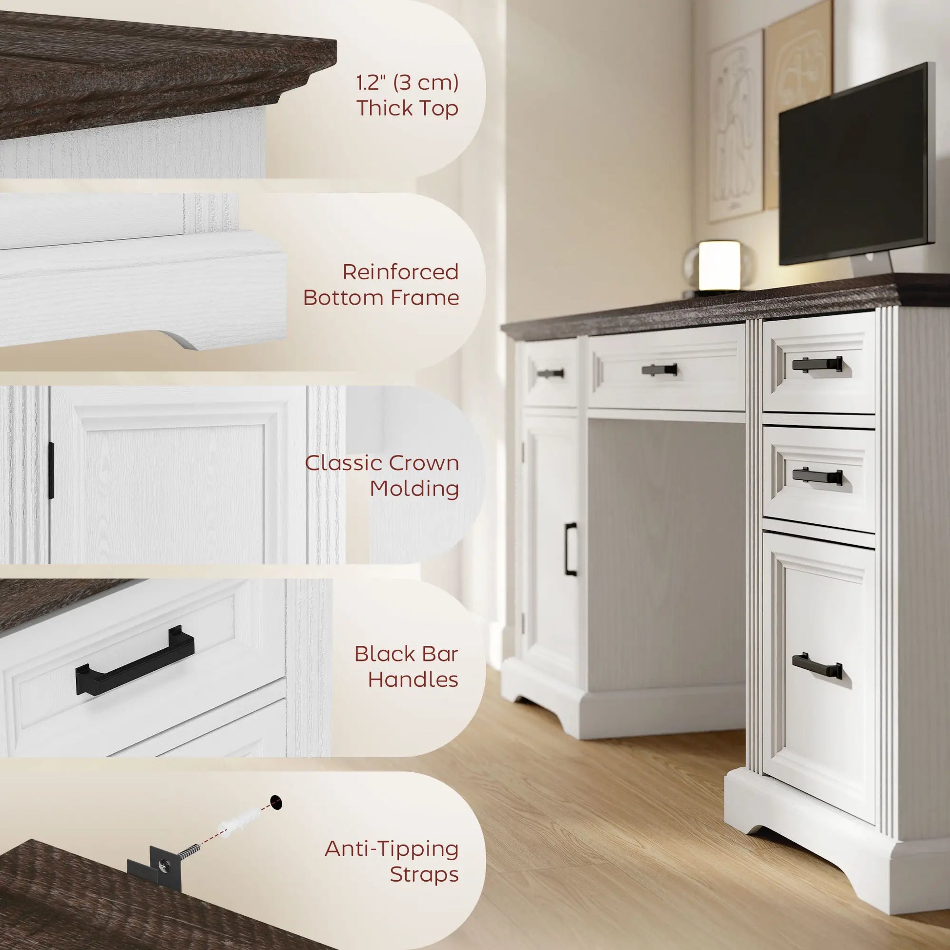 58 Inch Home Office Desk, Farmhouse Executive Desk with Drawers, White Computer Desks at Gallery Canada