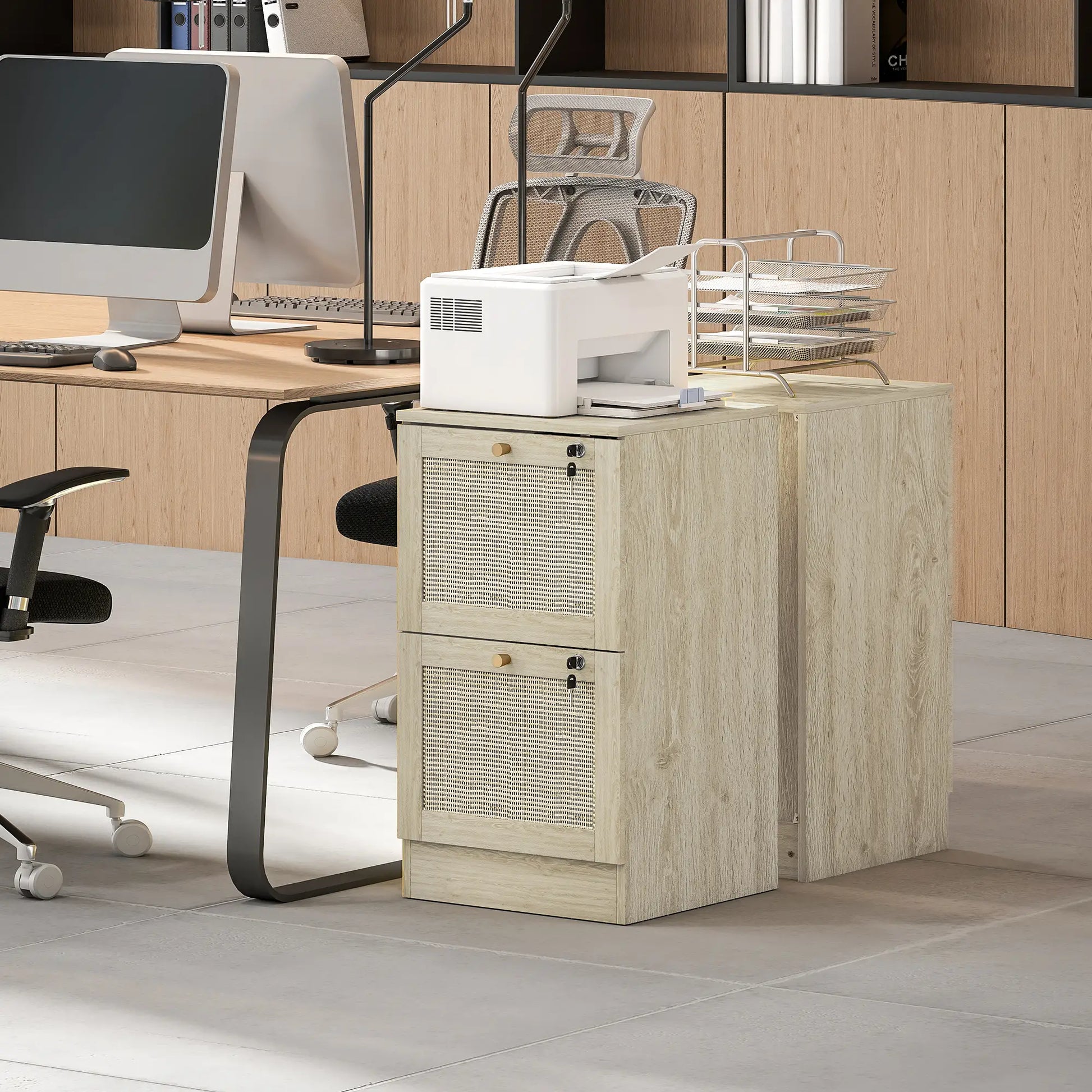 2 Drawer Filing Cabinet with Lock, Boho Style, A4 Letter Size, Oak Office Cabinets & Cupboards at Gallery Canada