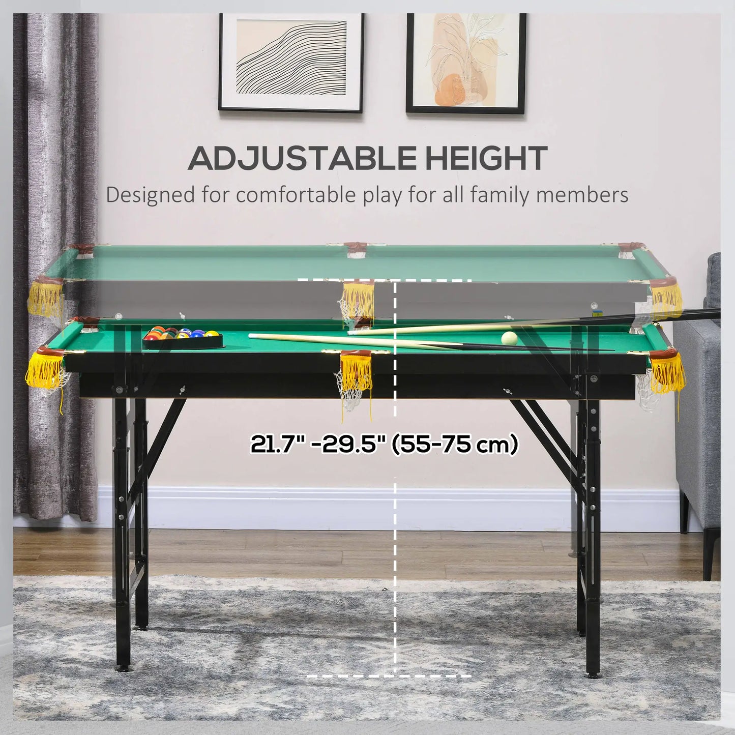 55 Folding Pool Table Set, Adjustable Height, 2 Cues, 16 Balls, Green Game Tables at Gallery Canada
