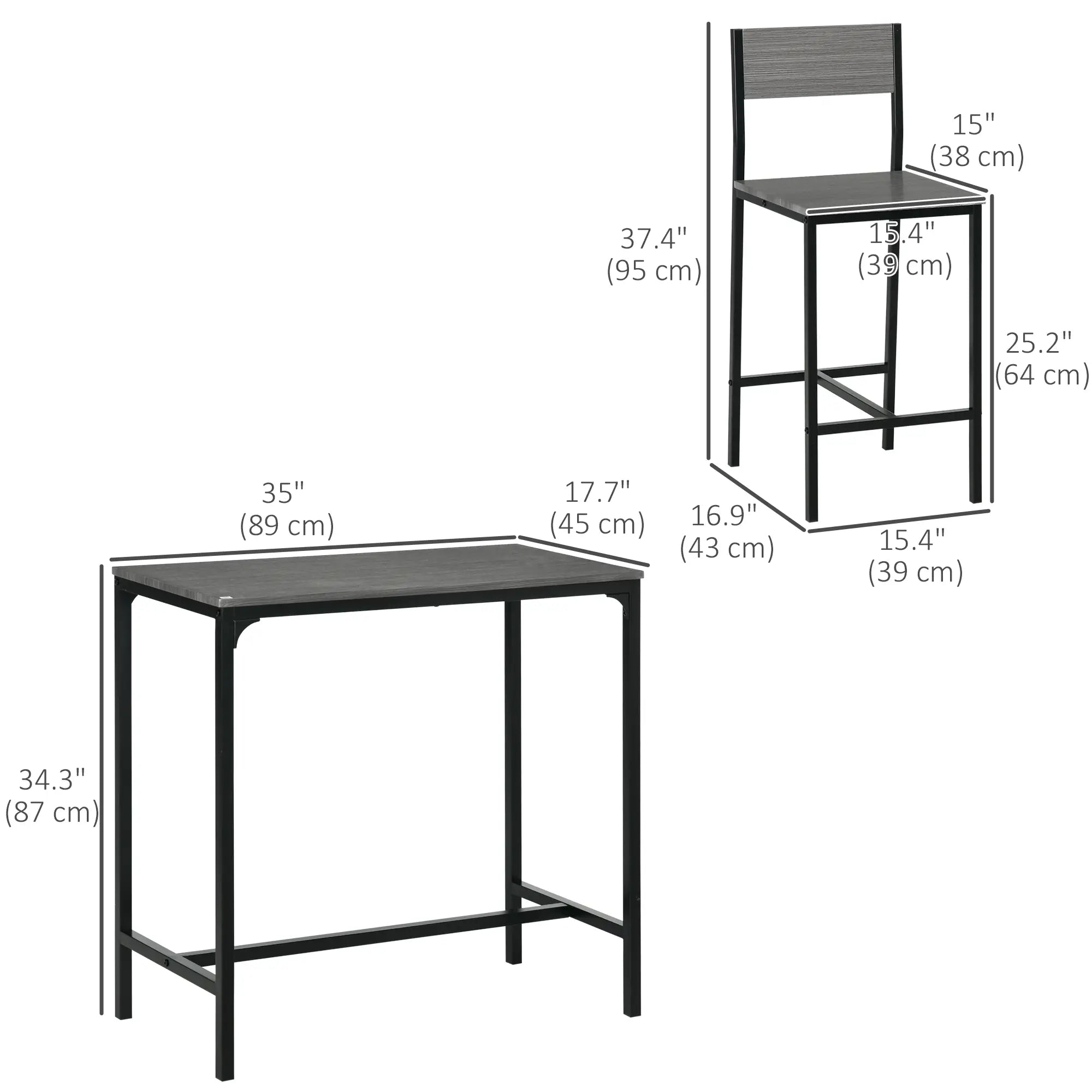 Industrial Bar Table Set, 3 Piece Counter Height, 2 High Back Stools, Grey Bar Sets at Gallery Canada