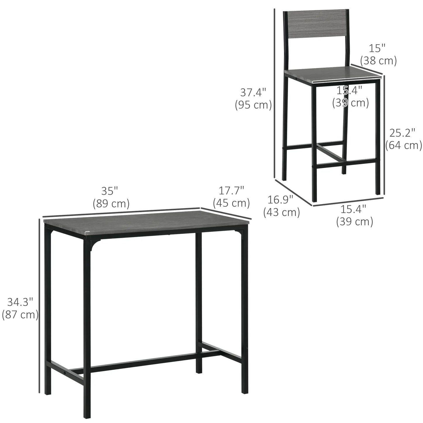 Industrial Bar Table Set, 3 Piece Counter Height, 2 High Back Stools, Grey Bar Sets at Gallery Canada