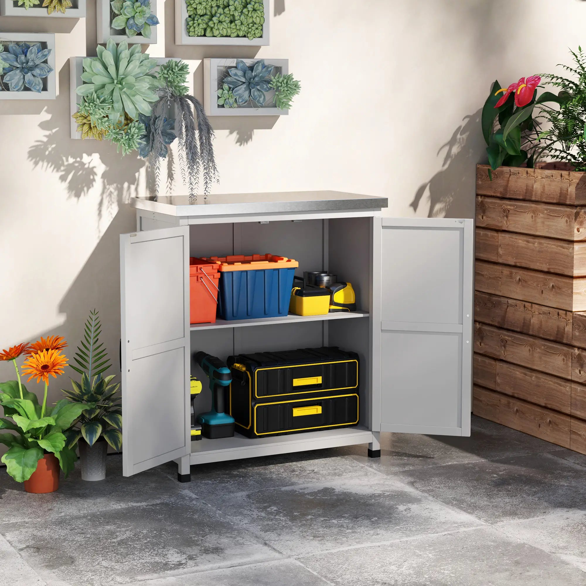 Outdoor Garden Storage Cabinet, Potting Bench with Metal Tabletop, Shelf, Grey Sheds at Gallery Canada