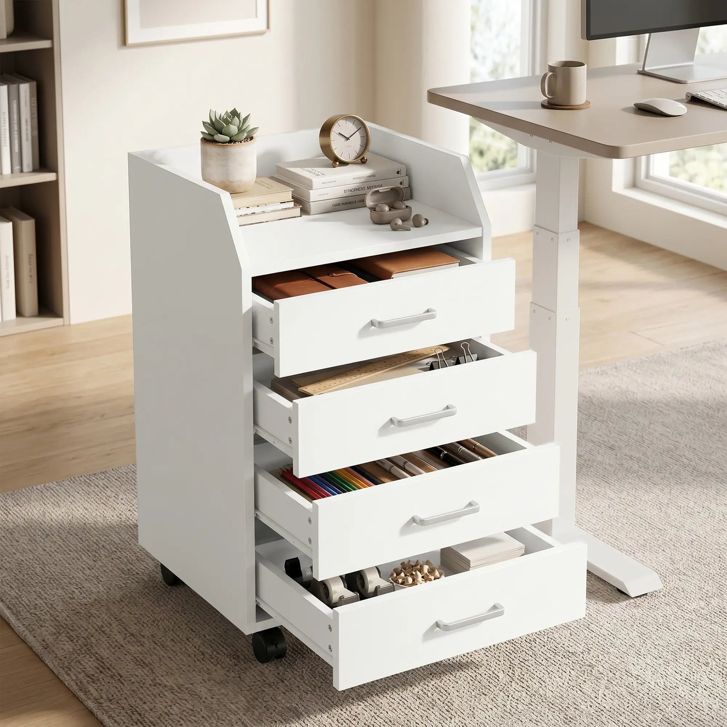 Armoire de classement verticale mobile à 4 tiroirs avec roues verrouillables, blanc