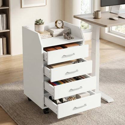 Armoire de classement verticale mobile à 4 tiroirs avec roues verrouillables, blanc