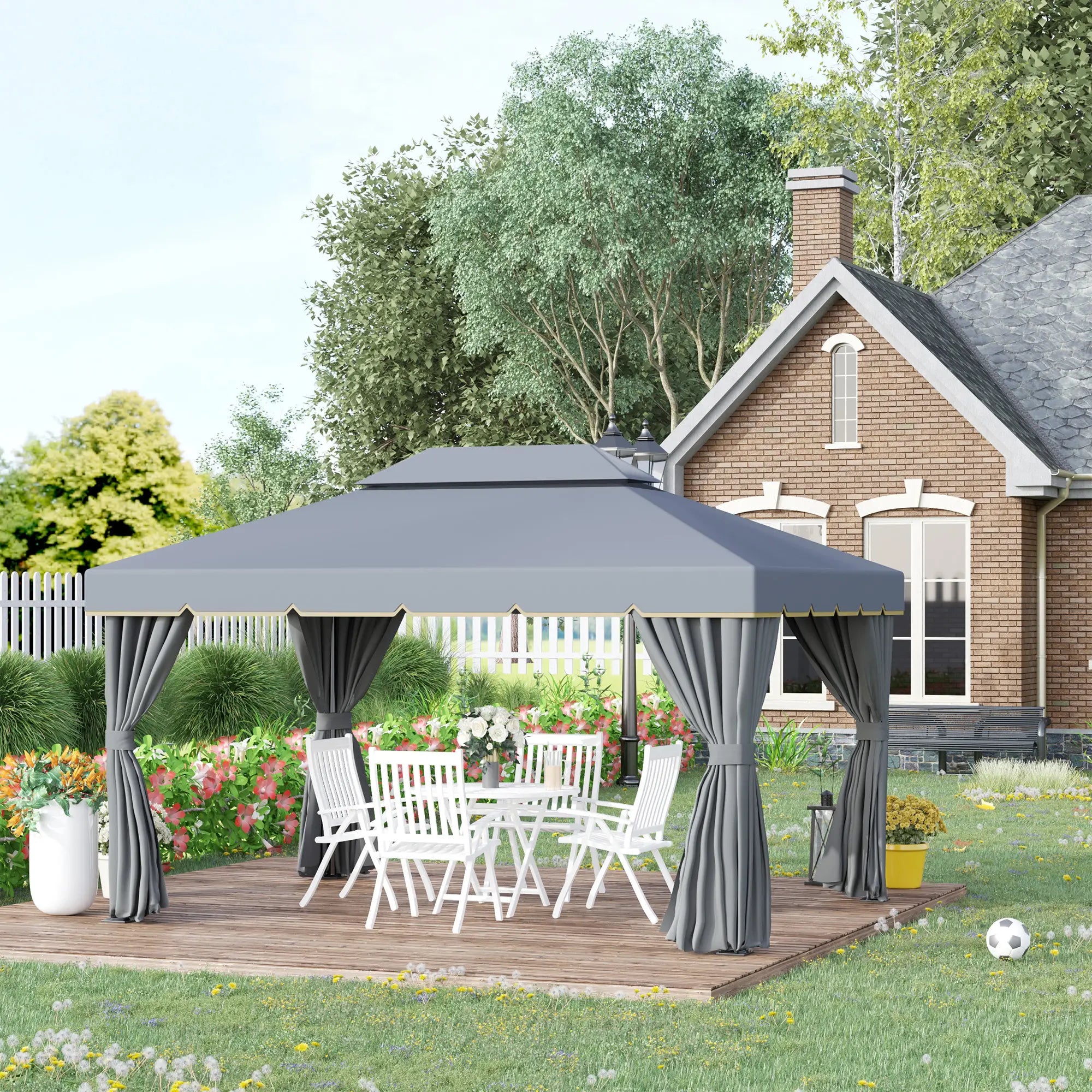 13' x 10' Patio Gazebo, 2-Tier Polyester Roof, Vented Mesh Sidewall, Aluminum Frame, Grey Gazebos at Gallery Canada