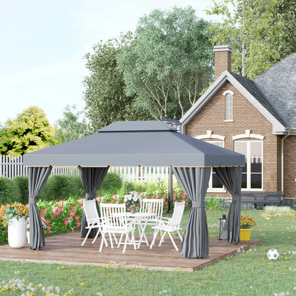 13' x 10' Patio Gazebo, 2-Tier Polyester Roof, Vented Mesh Sidewall, Aluminum Frame, Grey Gazebos at Gallery Canada