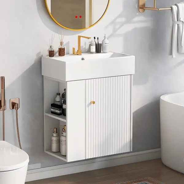 Floating Bathroom Vanity, Ceramic Basin, Side Storage, Rose Gold Handle, 21.5" L x 12" W x 26.5" H, White Sink Cabinets at Gallery Canada