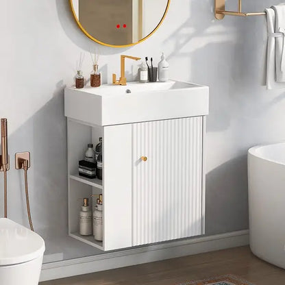 Floating Bathroom Vanity, Ceramic Basin, Side Storage, Rose Gold Handle, 21.5" L x 12" W x 26.5" H, White Sink Cabinets at Gallery Canada