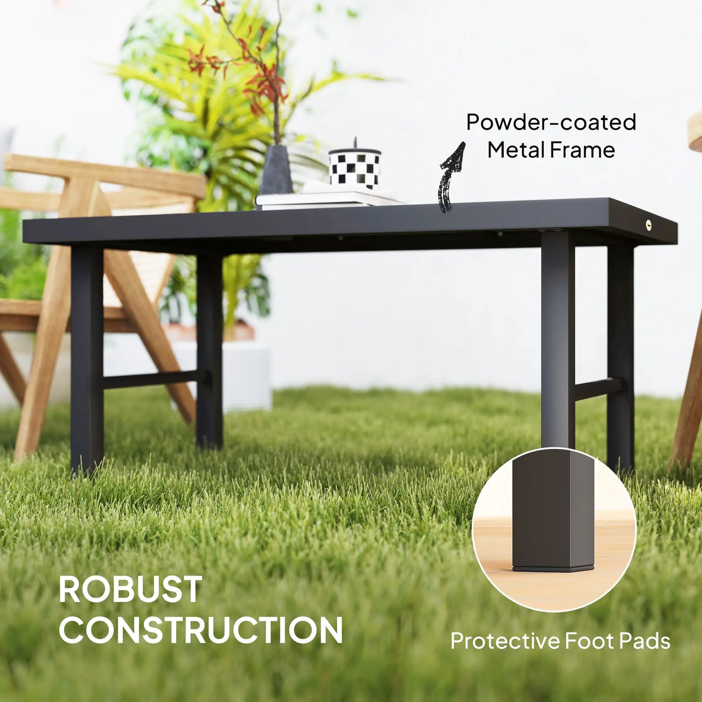 Outdoor Side Table, SPC Woodgrain Tabletop, Metal Patio Coffee Table, Brown Patio Side Tables at Gallery Canada