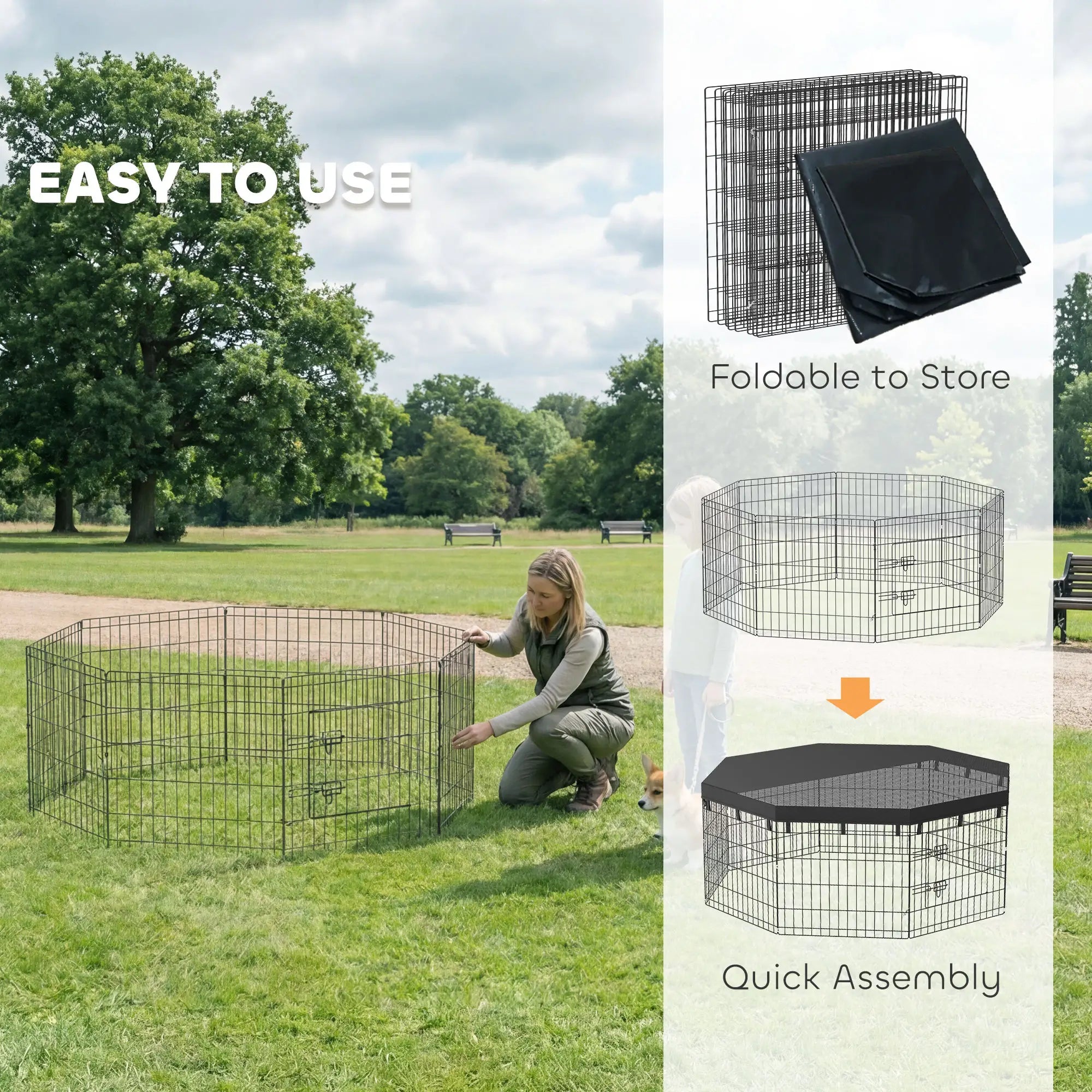 8 Panels Foldable Dog Playpen With Top Cover, 24