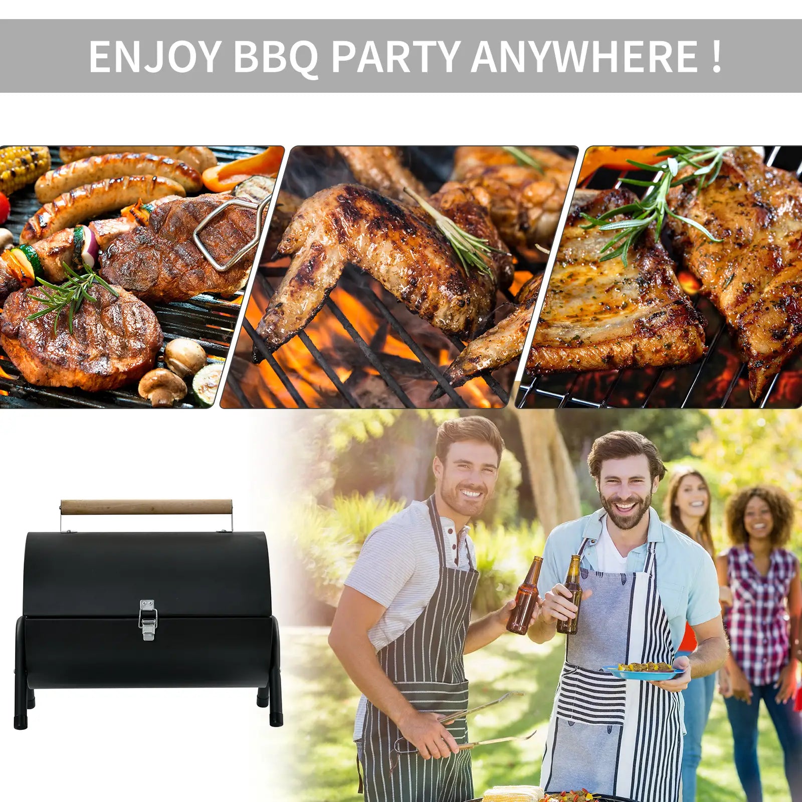 Outdoor Charcoal BBQ Grill, Tabletop Folding Barbecue, 17.3