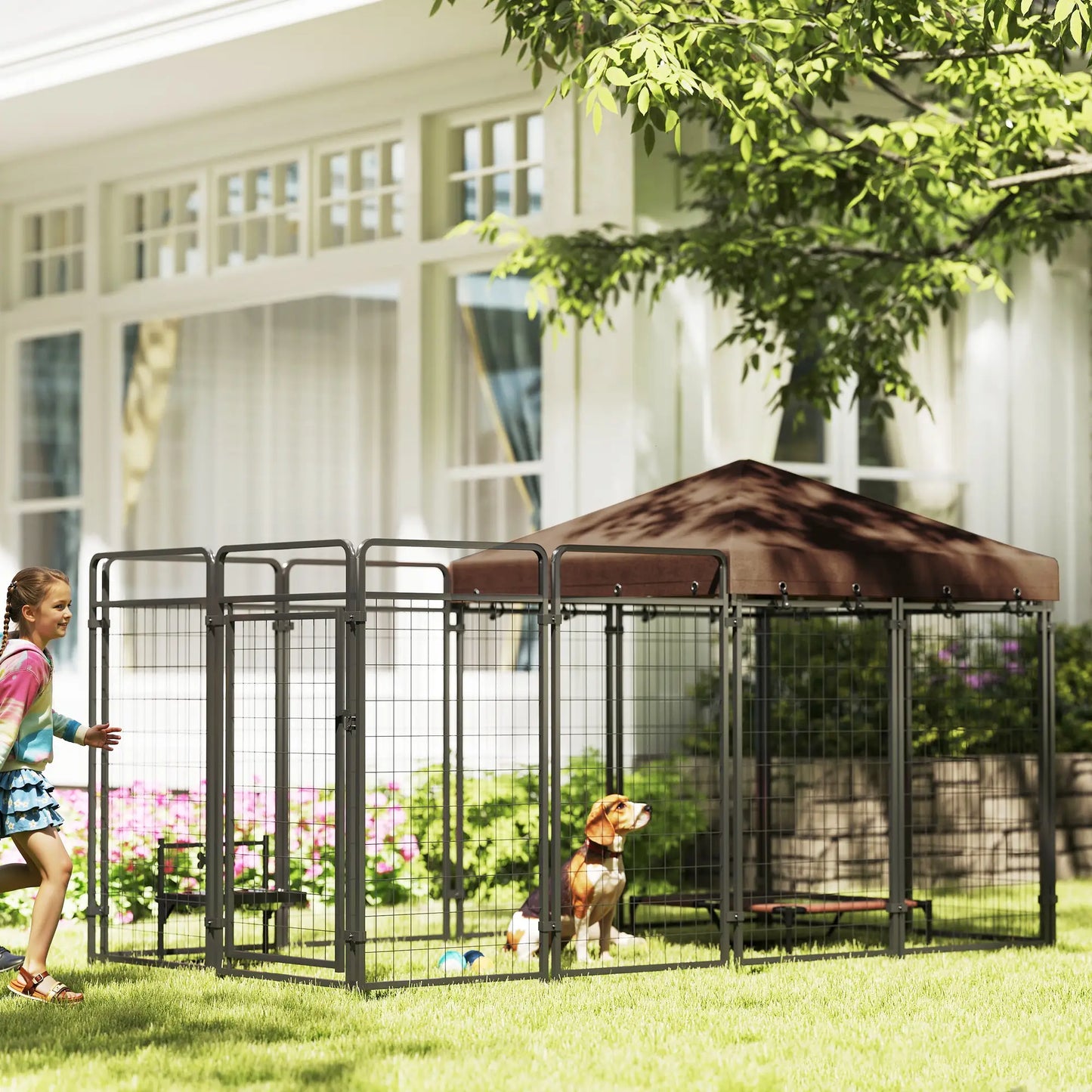 Outdoor Dog Kennel with Waterproof Canopy, Galvanized Chain Link Run, Black Houses, Kennels & Pens at Gallery Canada