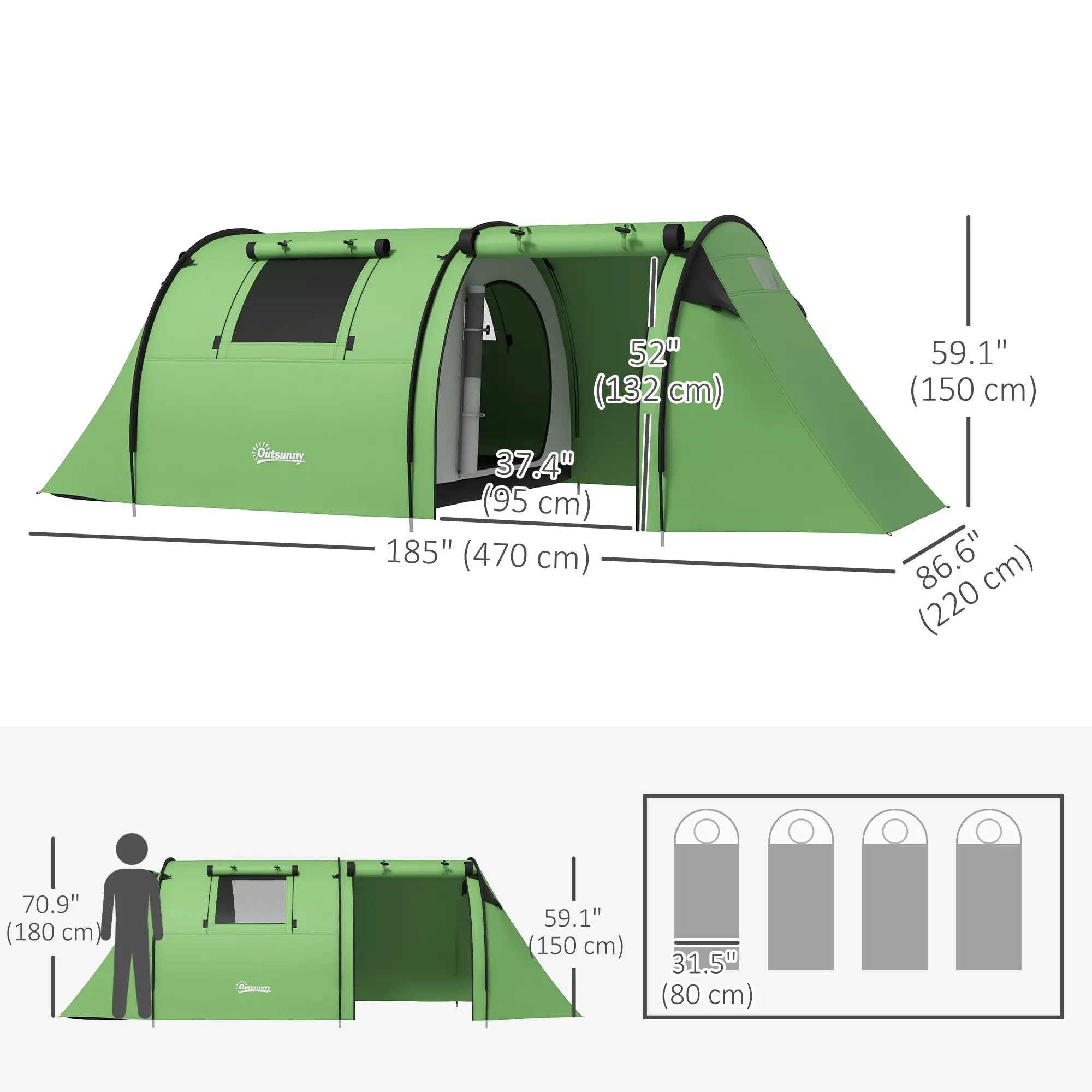 3-4 Person Camping Tent, 2 Rooms, 3000mm Waterproof, Dark Green Camping Tents at Gallery Canada