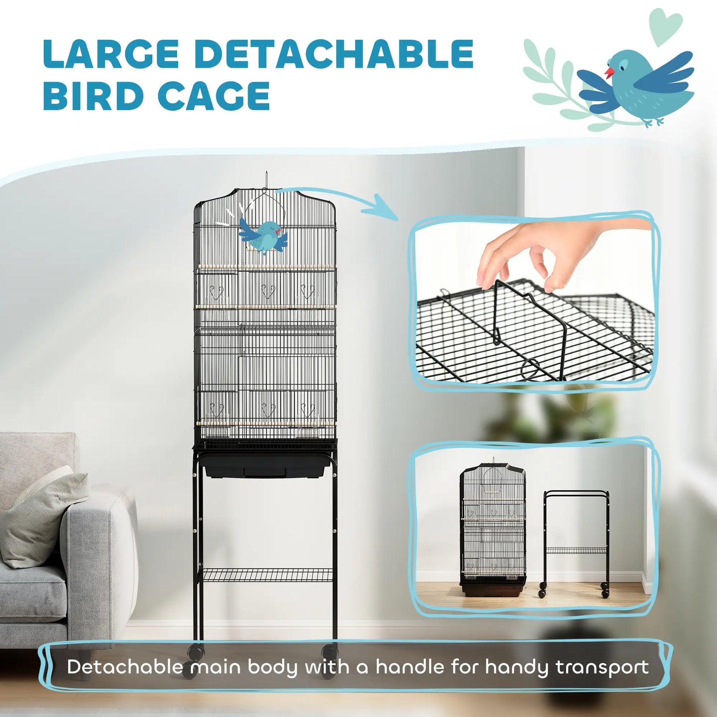 62" Rolling Bird Cage, Cockatoo House, Play Top, Storage Shelf, Wheels, Black Bird Cages at Gallery Canada