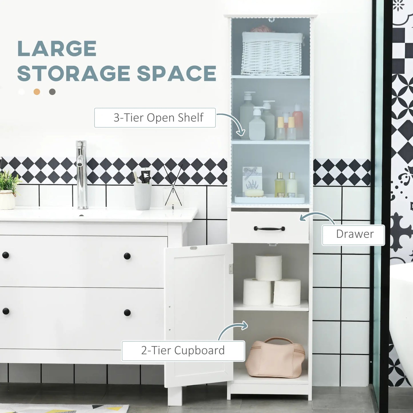 Modern Bathroom Cabinet, 3 Open Shelves, Drawer, Adjustable Shelf, White Bathroom Cabinets at Gallery Canada