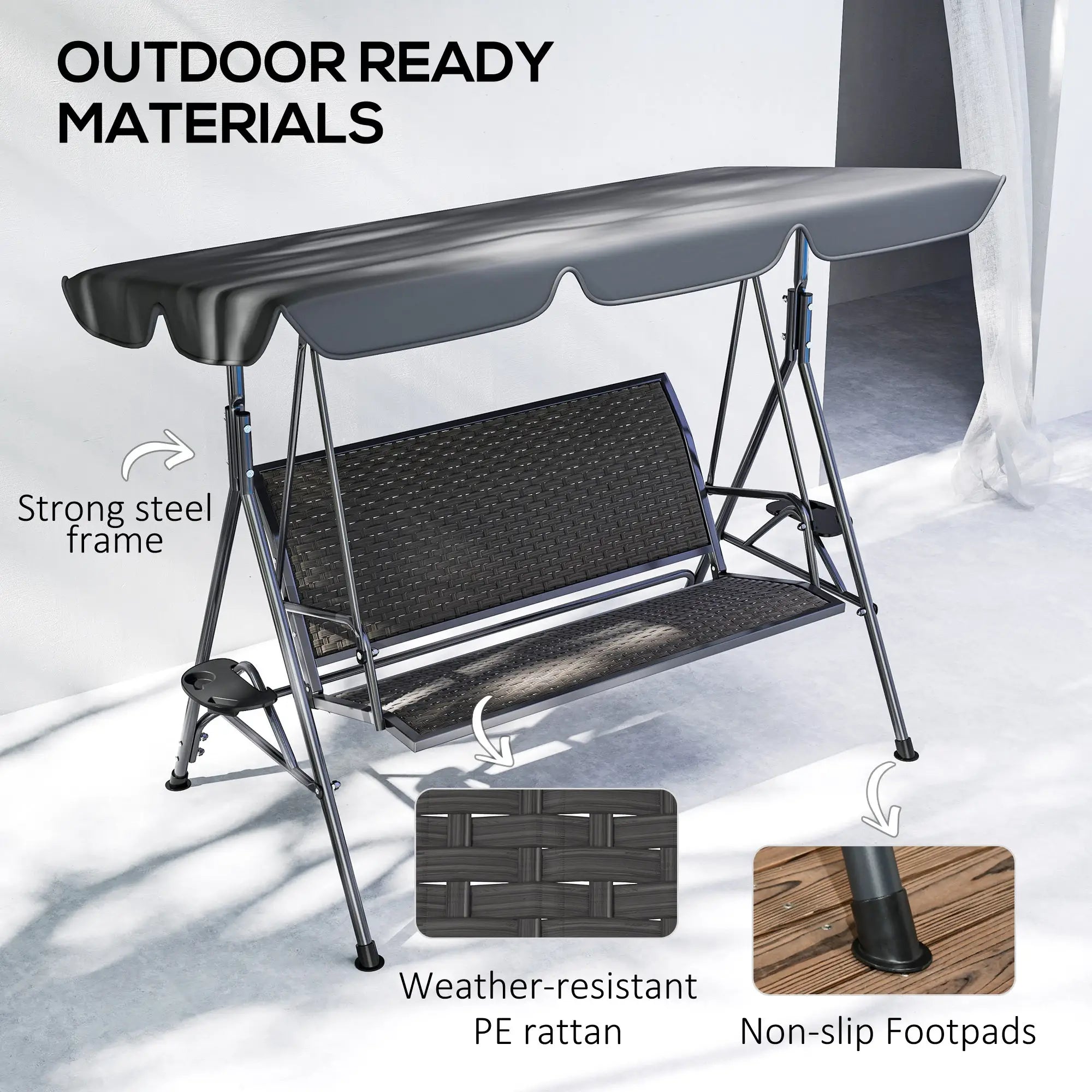 3-Seat Patio Swing Chair, Outdoor Canopy Swing Glider, Adjustable Shade, Grey Patio Swings with Stand at Gallery Canada