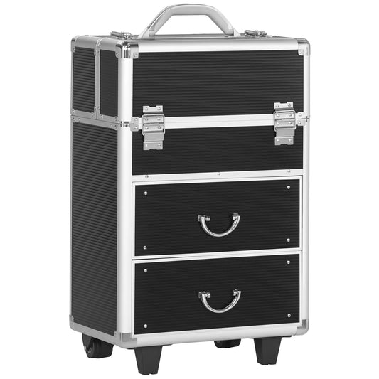 Aluminum Rolling Makeup Train Case, Lockable Travel Cart, Black