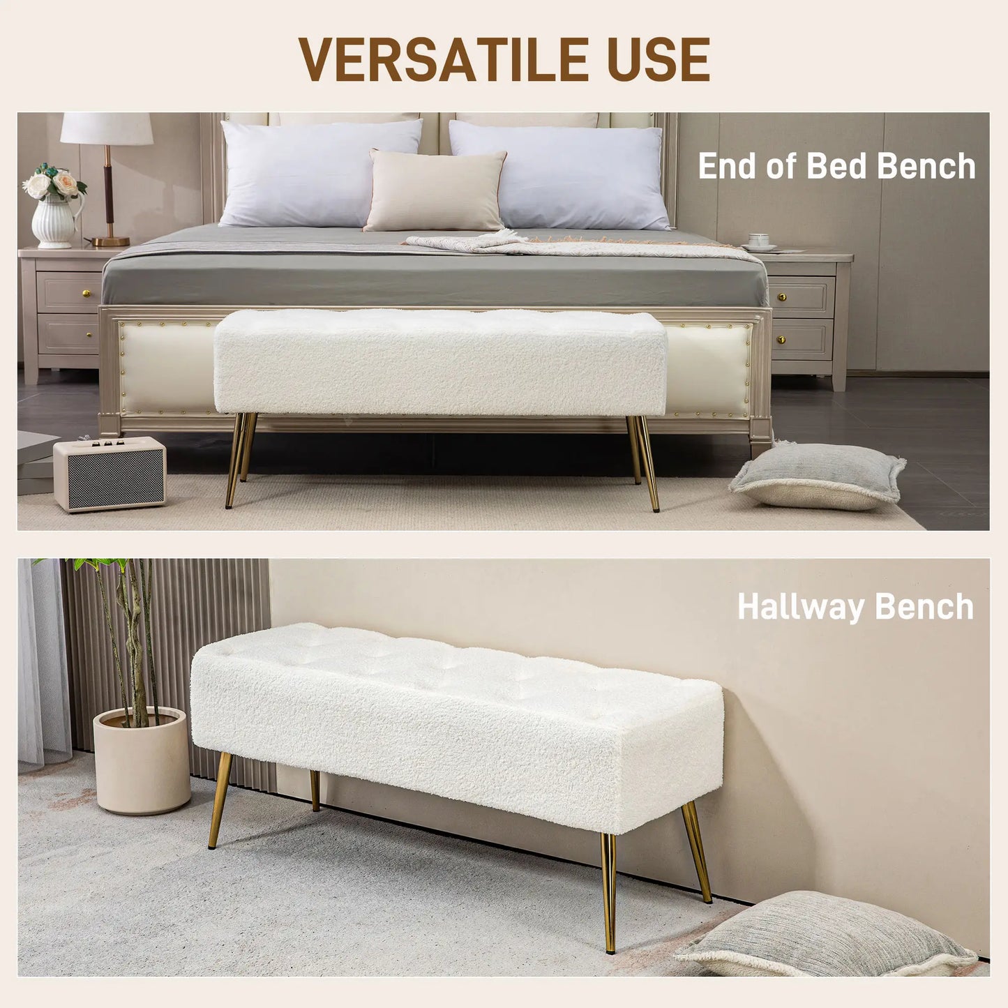 44" Lamb's Wool Upholstered Bedroom Bench, Thick Padded Cushion, Cream White Storage Ottomans & Benches at Gallery Canada