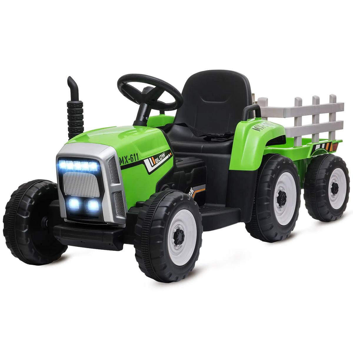 12V Kids Ride on Tractor with Trailer, Remote Control, Music, LED Lights, Green Electric Toy Cars at Gallery Canada