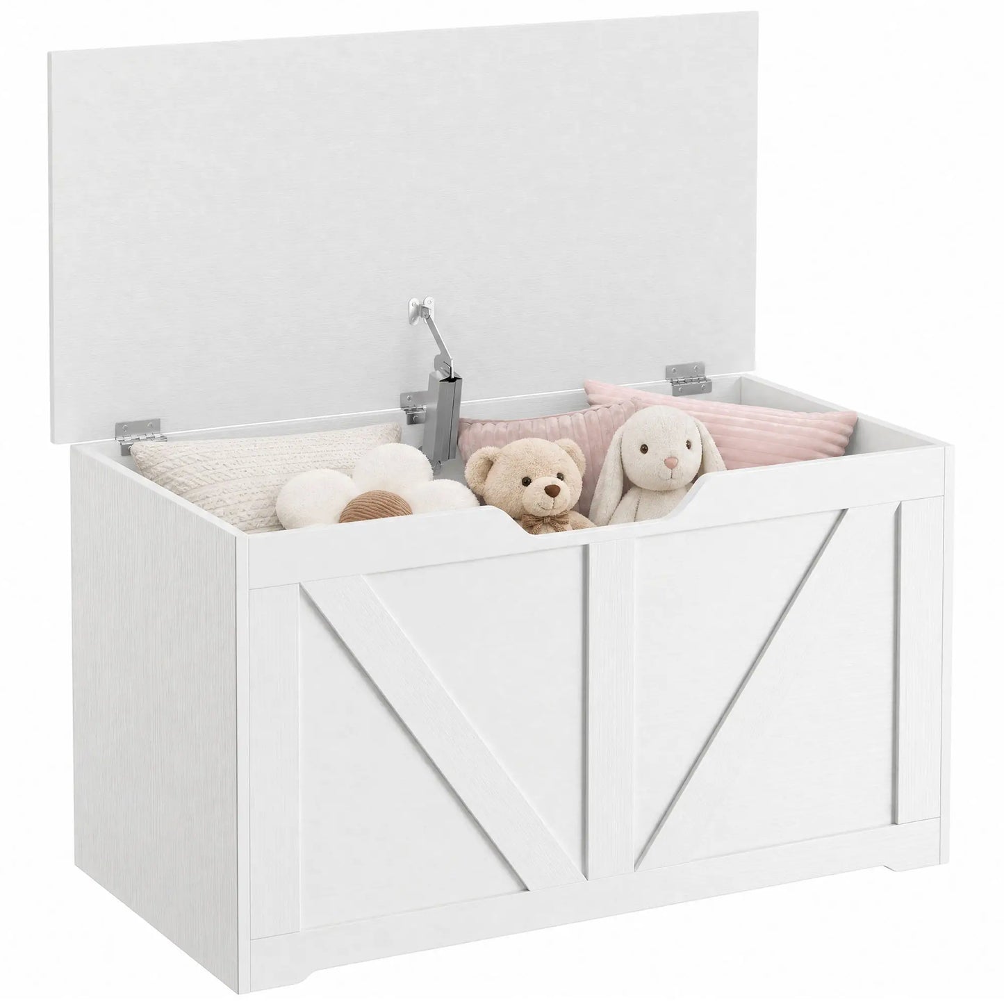 31.5 Inches Storage Chest with Safety Hinge, Wood Grain, White
