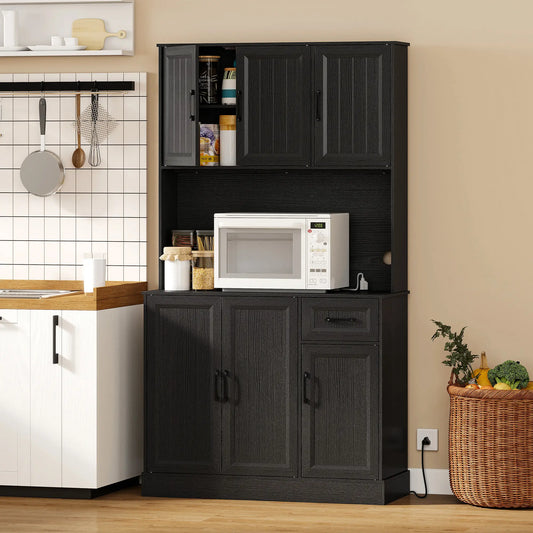 71 Inch Pantry Cabinet with Charging Station, Microwave Stand, Adjustable Shelves, Black Kitchen Pantry Cabinets Black at Gallery Canada