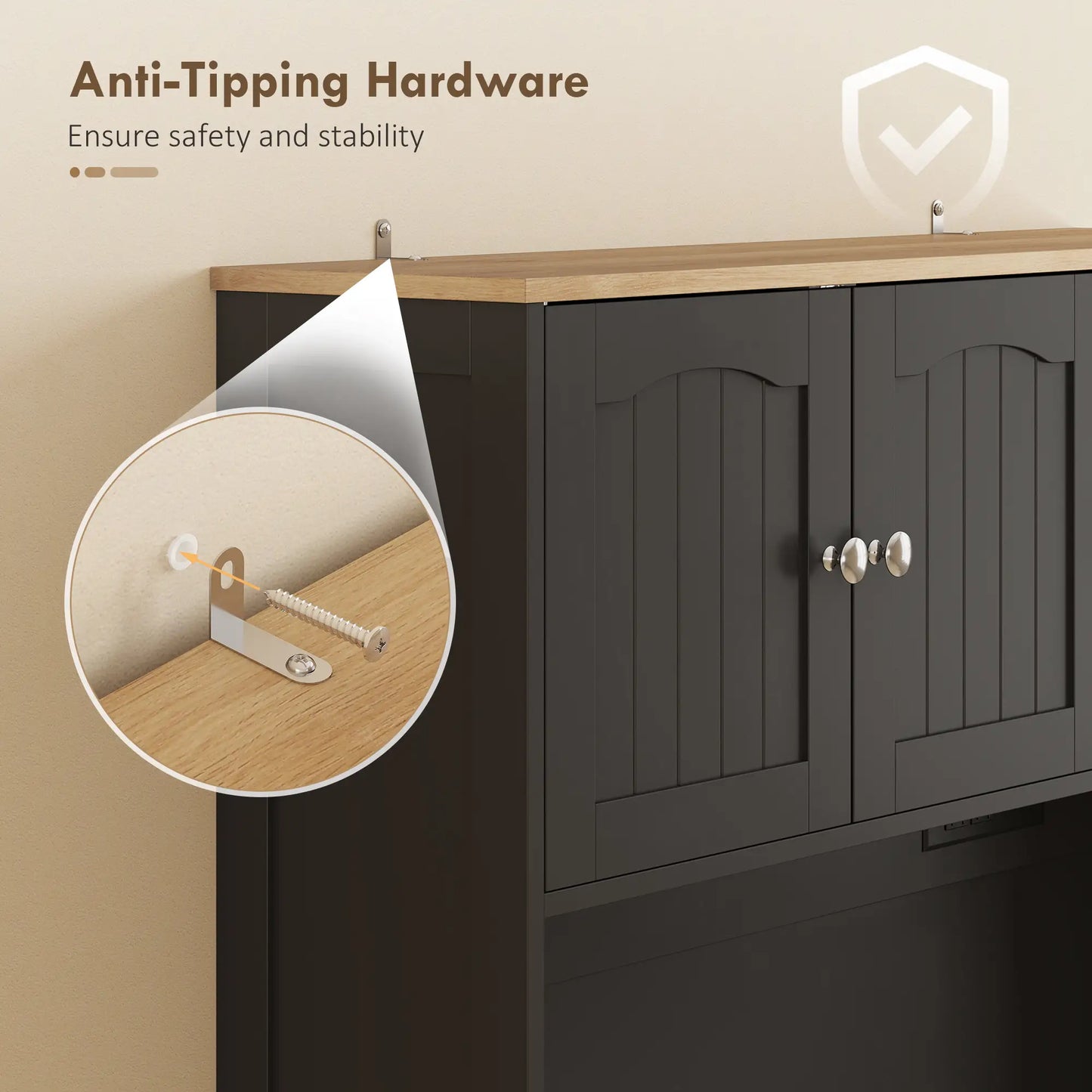 68" Pantry Cabinet with Charging Station, Microwave Stand, 4 Door Racks, Black Kitchen Pantry Cabinets at Gallery Canada