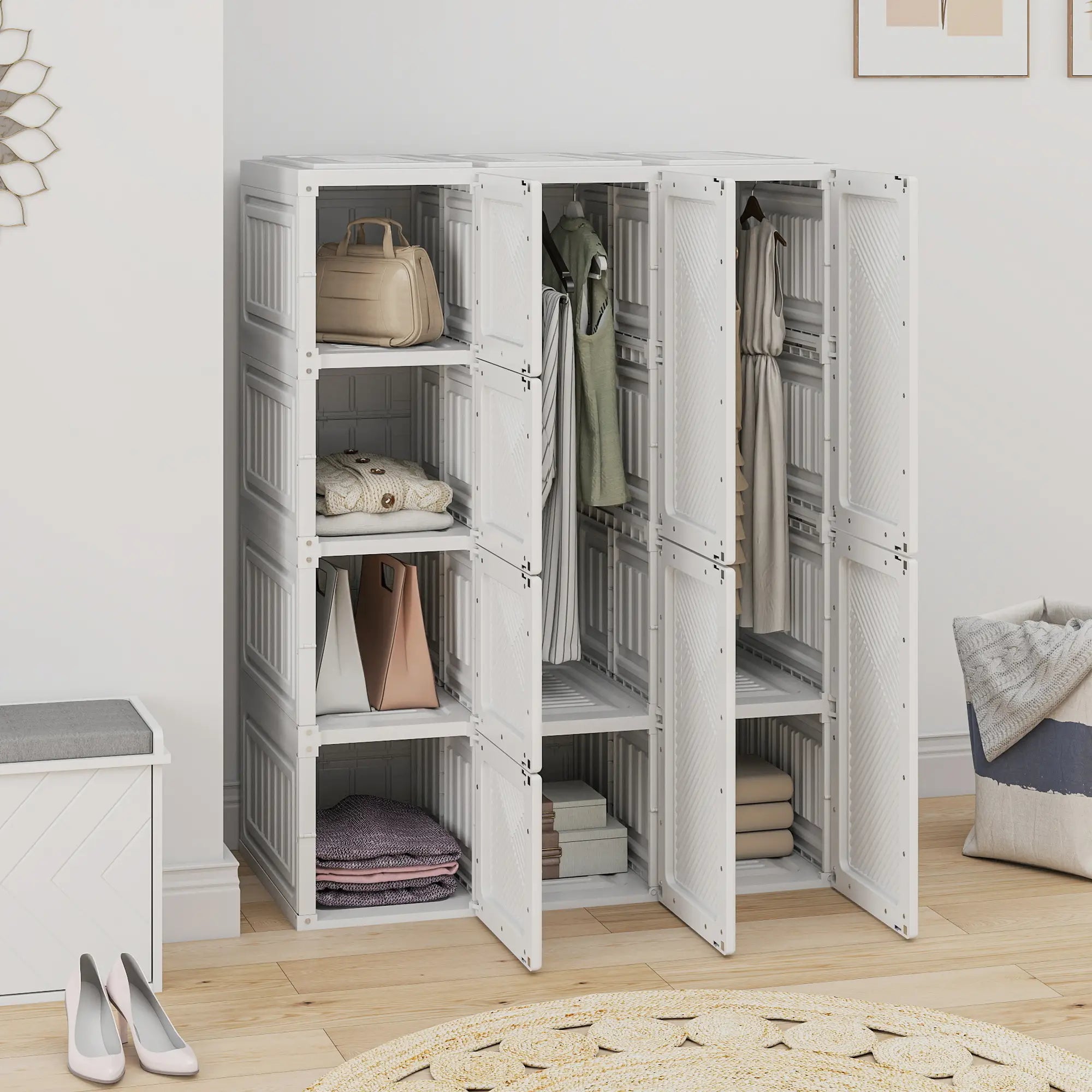 Portable Wardrobe, Foldable Plastic Closet, 8 Compartments, 2 Hanging Rods, White Clothing Storage at Gallery Canada