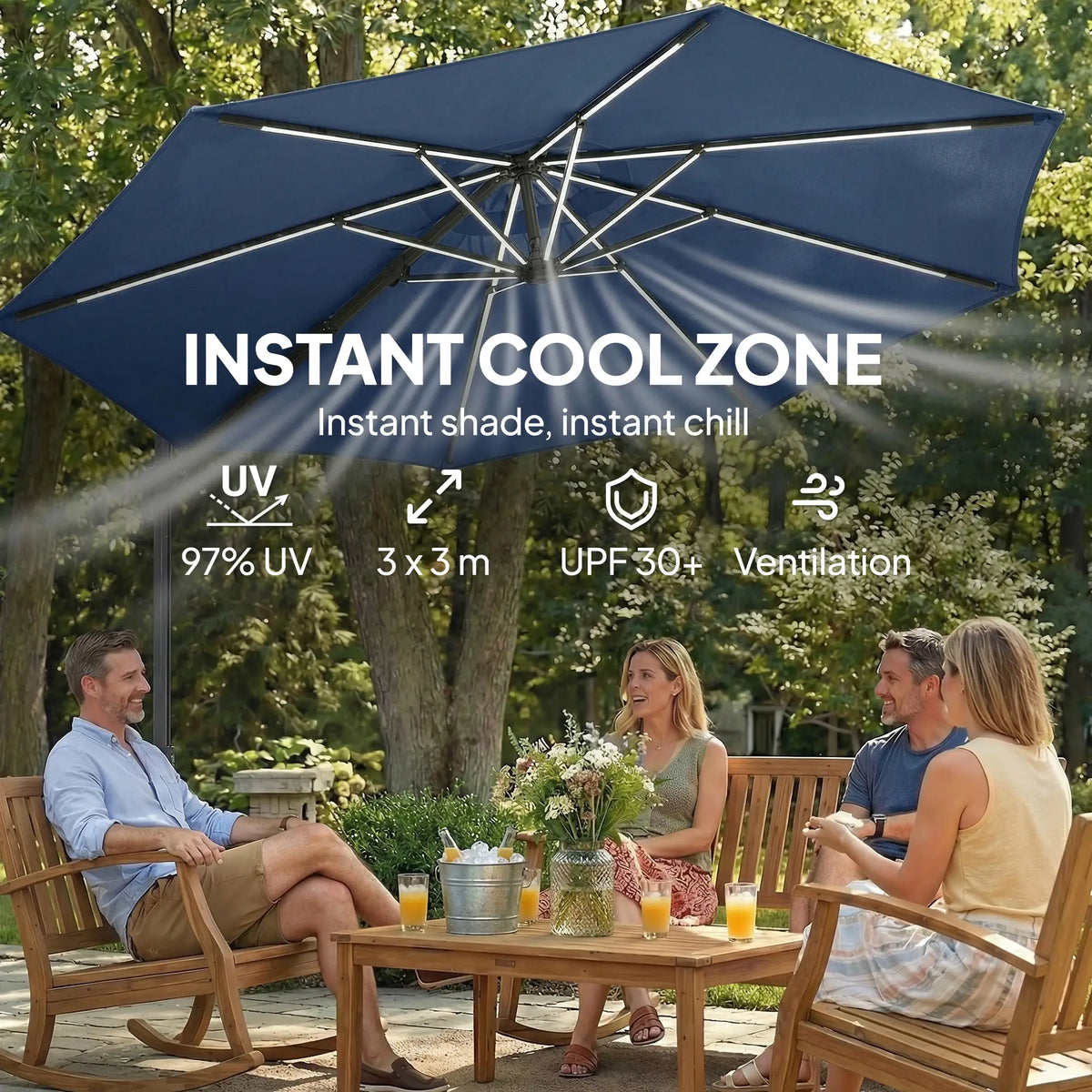 10 ft Offset Patio Umbrella, Solar Light, 360° Rotation, Tilt, Cover, Navy Blue Offset Cantilever Umbrellas at Gallery Canada
