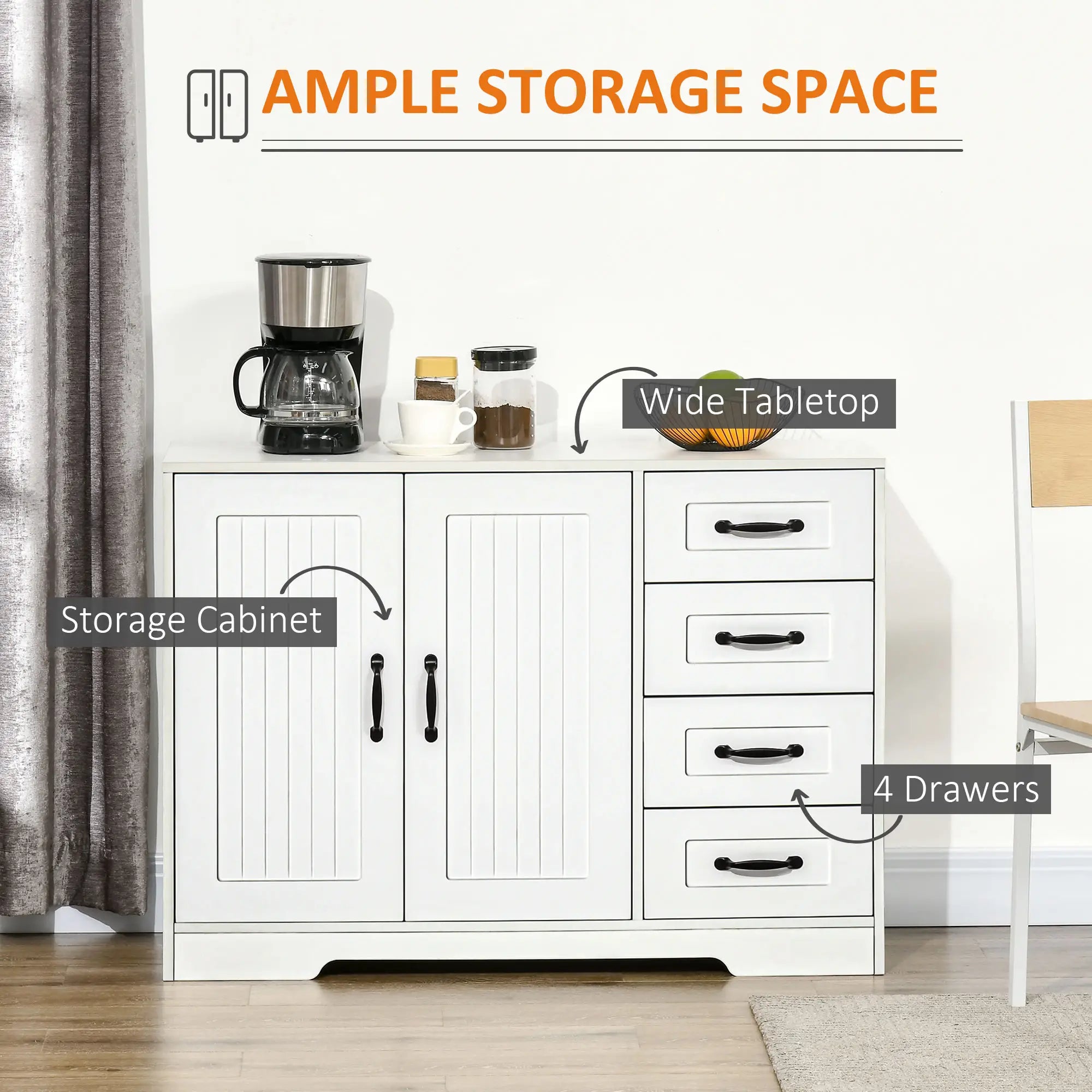 Modern Sideboard Buffet Cabinet, Drawers, Beadboard Door, White Storage Cabinets at Gallery Canada